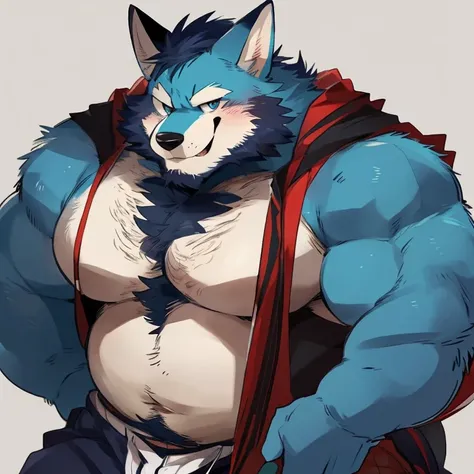 fox, furry, blue fur, handsome, very muscular, very big, extremely hot and sexy, beard, hair, chest hair, charming eyes, solo, male, happy expression, daddy, full body, big body, clothes, middle aged, by hyaku, by darkgem, by glitter trap boy