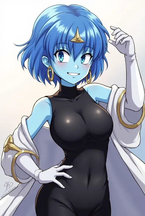 1girl aeos_(dragon_ball) arm_up bare_shoulders black_pants black_shirt black_sleeves blue_eyes blue_hair blue_skin breasts coat colored_skin detached_sleeves dragon_ball dragon_ball_heroes earrings floating_clothes gloves gold_headdress grin hair_between_e...