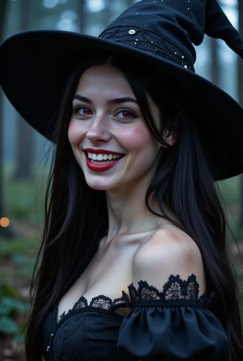 *"A beautiful and mysterious woman with long, flowing black hair and glowing red eyes. She has flawless, pale skin and wears a dark, elegant gown made of silk and lace, adorned with mystical patterns. A wide-brimmed witch hat sits atop her head, slightly t...