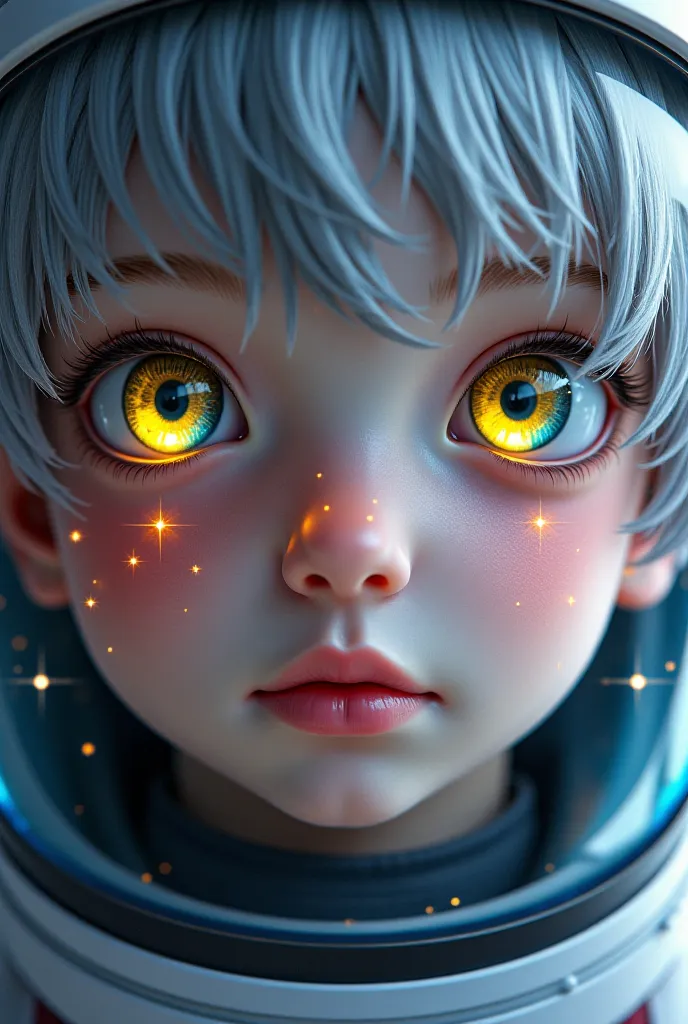 is a close-up of an improved masterpiece:1.5)0.9]، (Space and astronauts:1.2) (messy silver hair:1.1) (Heterochromia: yellow and blue eyes:1.2) (space helmet:1.0) (Colorful stars in the eyes:1.0) (radiant glow:1.1) (full lips:0.9)