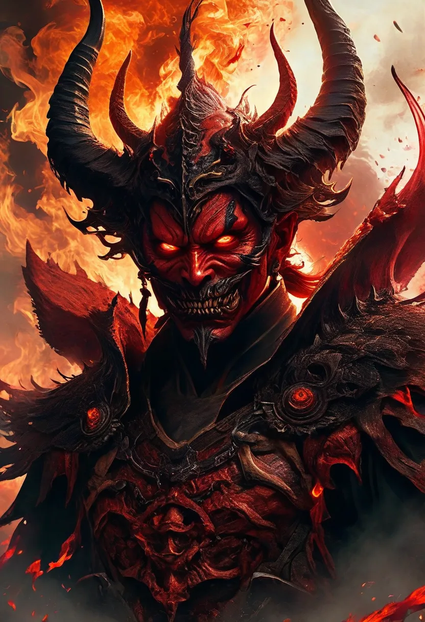 best quality,super high definition,(realistic:1.37),Detailed red demon with glowing eyes and sharp teeth, Ominous Vibes ,Traditional Japanese demon mask,Dark and eerie background,have a threatening expression, Ominous Shadows ,Meticulous attention to facia...