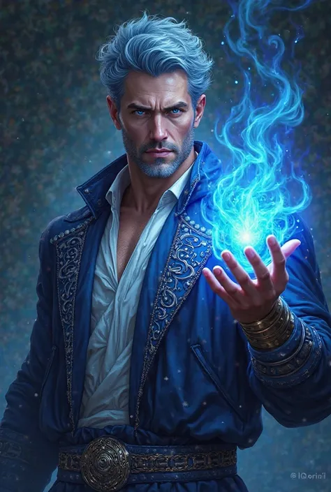 Realistic digital illustration of the god Hades, handsome, with short hair in shades of blue and blue eyes. Elegant dress in shades of blue with silver ornaments. Creating blue fire with one hand