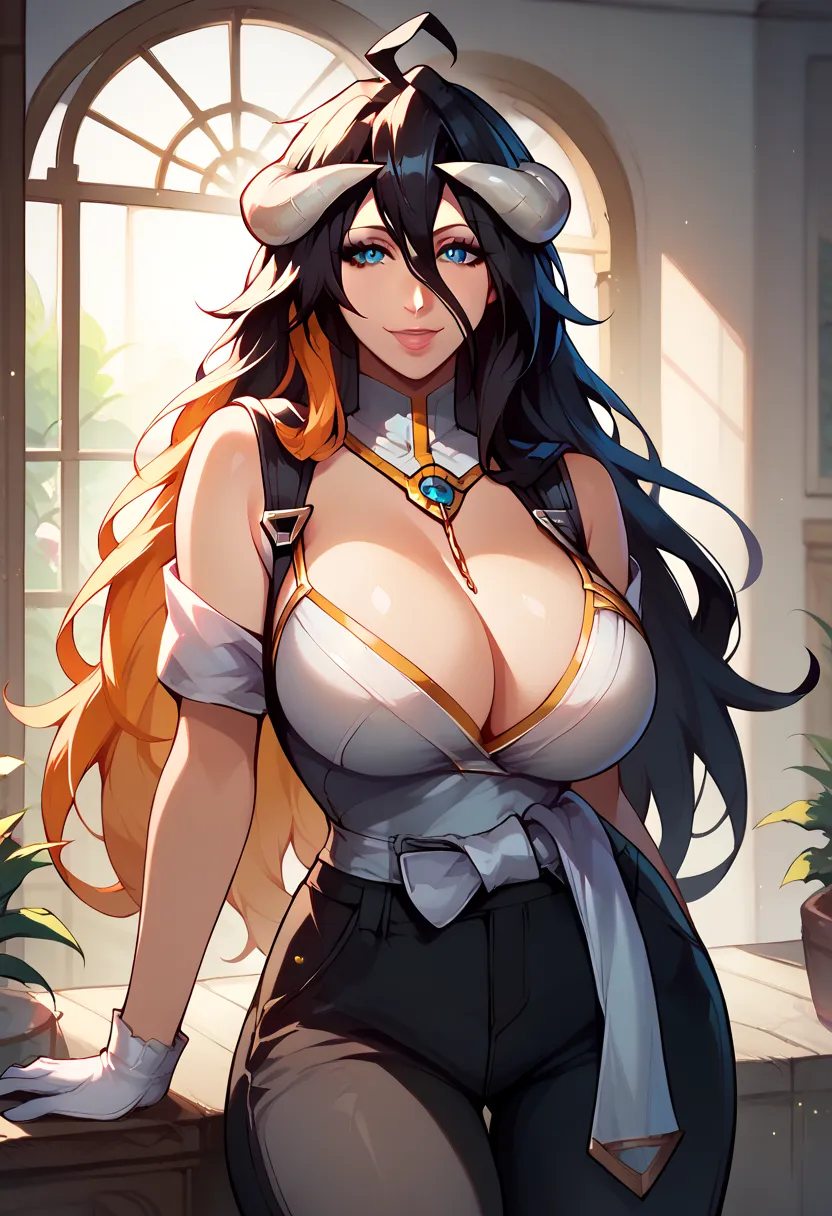 albedo, long hair, black hair, bare shoulders, hair between eyes, large breasts, (white dress:1.2), white gloves, (black feathers:1.2), white horns , looking at viewer , matsumoto rangiku,solo, defran, long hair, orange hair, blue eyes, necklace, black rob...