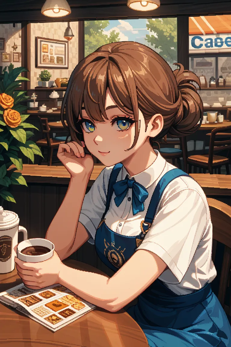 ((masterpiece)), ((best quality)), (ultra-detailed),1girl, solo, cafe , sitting on a chair, drink coffee,fine line drawing,fine detail,brown hair, portrait,pixel art