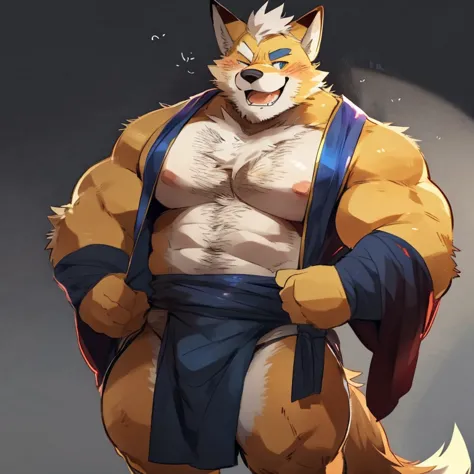 fox, furry, blue fur, handsome, very muscular, very big, extremely hot and sexy, beard, hair, chest hair, charming eyes, solo, male, happy expression, daddy, full body, big body, clothes, middle aged, by hyaku, by darkgem, by glitter trap boy