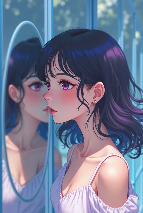 Anime girl looking at her reflection in a room full of mirrors 