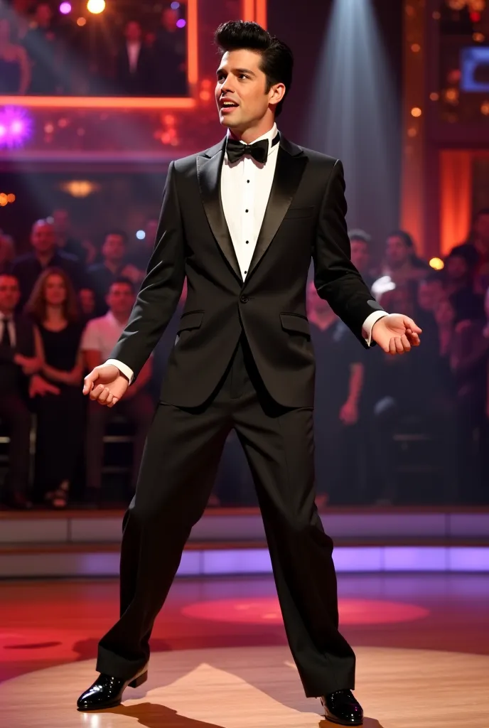 A television presenter of a dance series dressed in a black tuxedo white shirt and black bow tie with elegant shoes, short black hair, Elvis Presley's tuft with sideburns who dances while singing the theme song