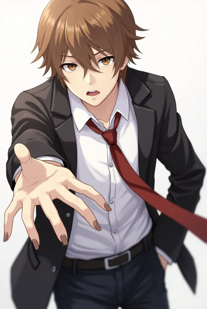 1boy blazer brown_hair death_note fingernails highres jacket lips long_bangs long_sleeves male_focus necktie obata_takeshi official_art reaching reaching_towards_viewer shirt solo tsurime white_shirt yagami_light