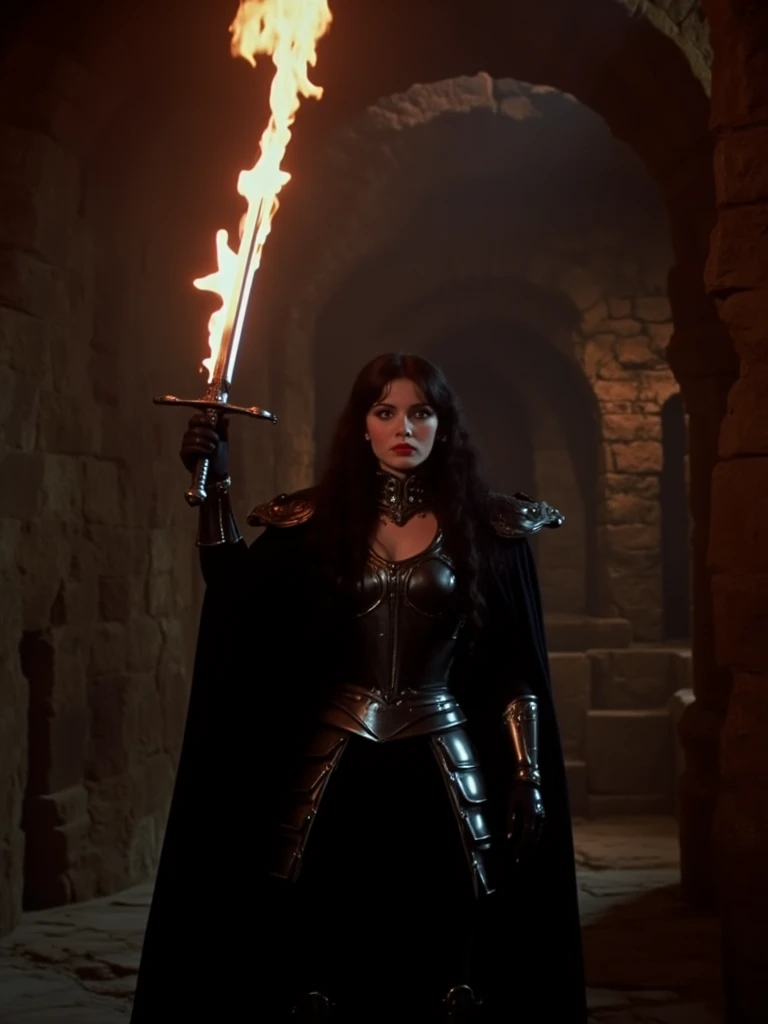 DVD screengrab from dark fantasy film Labyrinth, an evil beautiful woman with long black hair in the dark, eerie interior of an ancient castle. She is wearing armor and standing, holding up her sword to light it on fire in the style of a 90s fantasy movie.