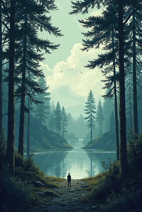 Vignette 1 (Panorama): A wide shot of the quiet but disturbing, with tall, shady trees.  The sky is cloudy , and the lake is seen in the distance, forest. comic style 