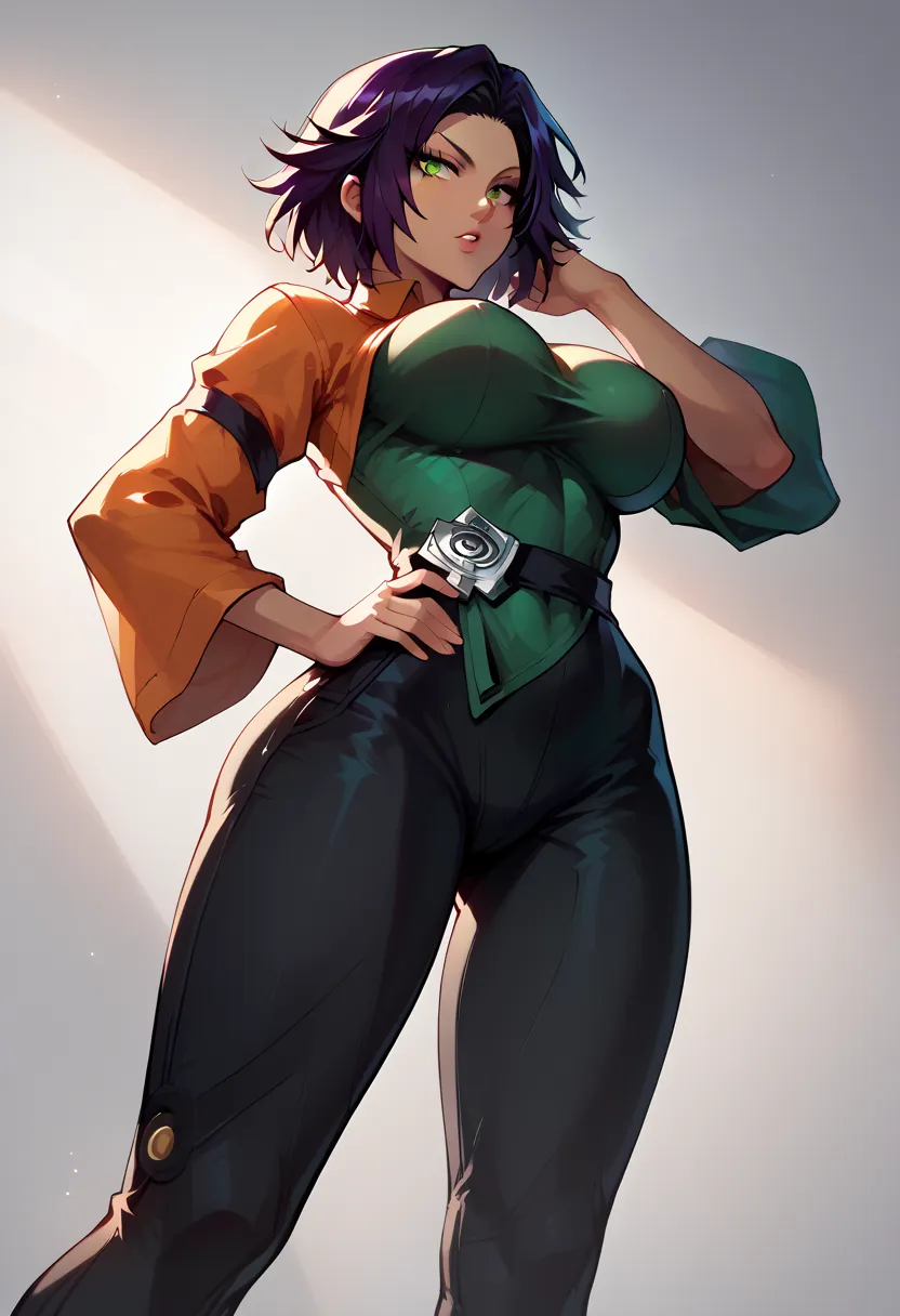 fubuki (one-punch man) black hair, short hair, tight green dress, long sleeves, collared dress, green eyes, perfect large breasts, view from below, sexy pose, dynamic angle Break, perfect lighting, shadows, yoruichi shihouin, long hair, yellow eyes, ponyta...