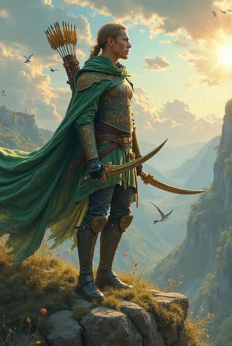 A swift and agile warrior stands atop a windswept mountain peak, the sky swirling with divine energy as the sun breaks through the clouds. His armor is a sleek mix of lightweight leather and enchanted fabrics, designed for speed and freedom of movement. A ...