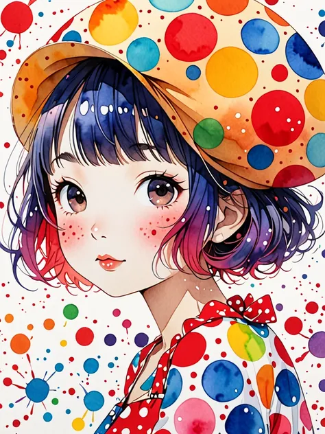  hyperrealism, Simple Line Acronym，Abstract art， Yayoi Kusama style , Kawaii design , Pirate Girl,  watercolor