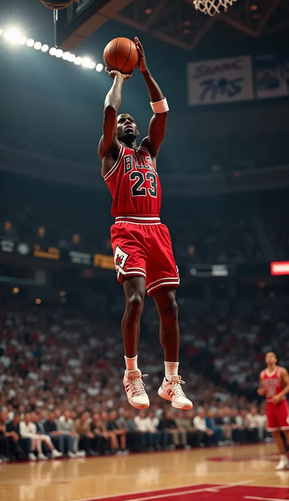 First-person perspective adding the character's black hands:
Prompt:
"Close-up of Michael Jordan jumping for a three-point shot. The camera captures the moment he floats in the air, with the ball in his hands and his gaze fixed on the basket. The dramatic ...