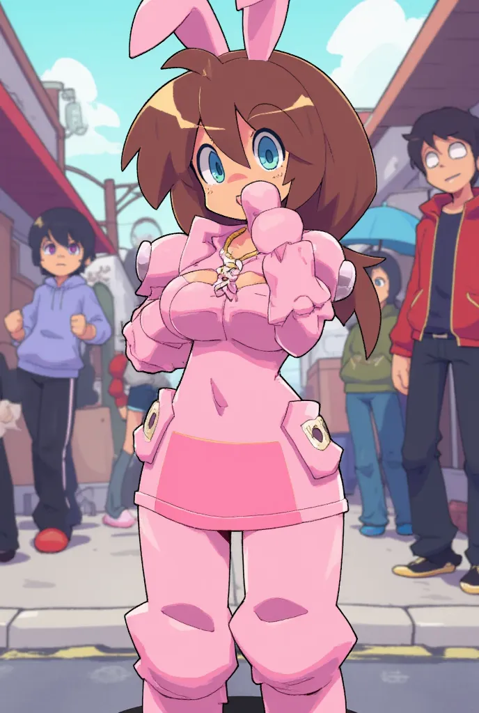 Girl, brown hair, 20 years old, semi-realistic in anime style in a pink bunny suit, with a skirt, full body, seen from below, embarrassed, shy, the suit has insurance, her hands have gauntlets, a necklace stuck to her neck, she tries to cover herself, in t...