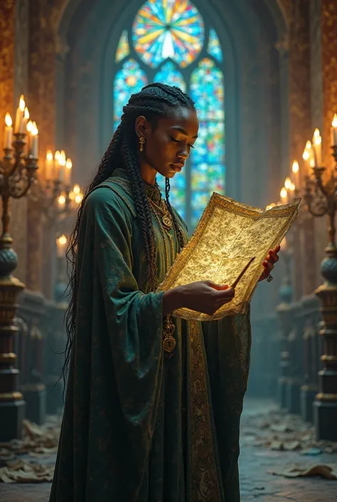 beautiful black woman, mage robes, long braids, looking at glowing magical map, in magical school