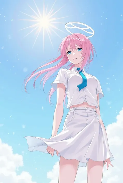 1girl, takanashi hoshino, white clothes, blue necktie, halo, pink long hair, low twintails, clothes unbuttoned, her clothes barely covering her chest, giant chest, blue sky, her clothes blowed to side, without her brazier, wearing short skirt, (spoken hear...