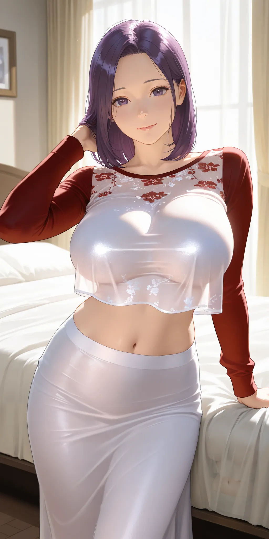 mature female, housewife, purple hair, medium hair, straight hair, slightly disheveled, crop top overhang, red long sleeve, front view, indoors, curtains, milf, soft light, high detailed, best quality, upper body, perfect breast, upper body, ultra detailed...