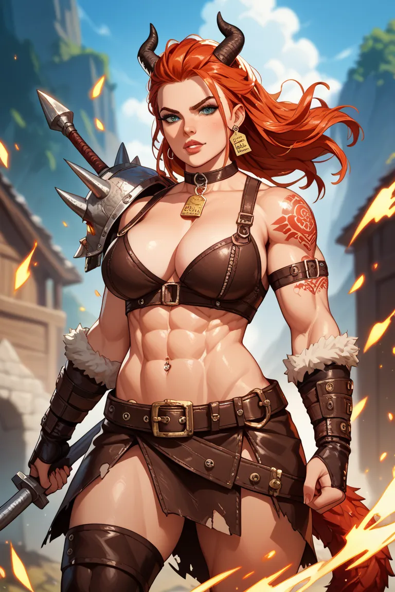 Please grow only the tail of a dragon on a red-haired, muscular older sister with big boobs。I don't need horns and wings at all。Get lots of red tattoos all over your body、Please dress like a barbarian