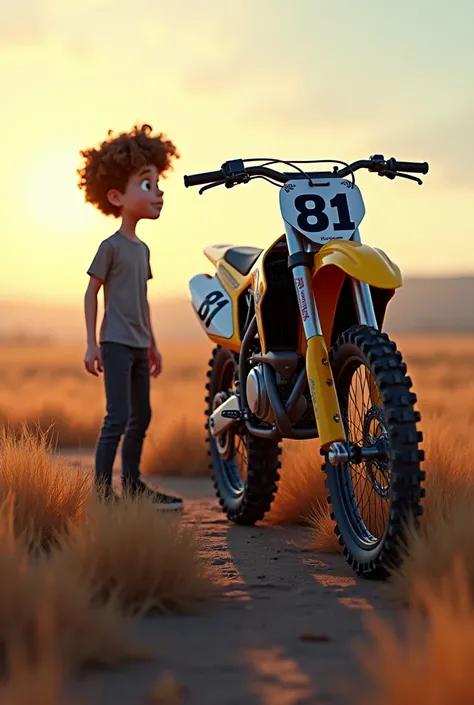 A 16-year-old man from the back with curly hair runs admiring a motocross with yellow and blue and black road tires and a white plate with 81 in black marking.