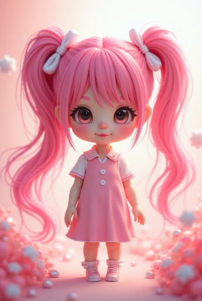 pink hair with two ponytails with white ribbons and pink outfit girl
