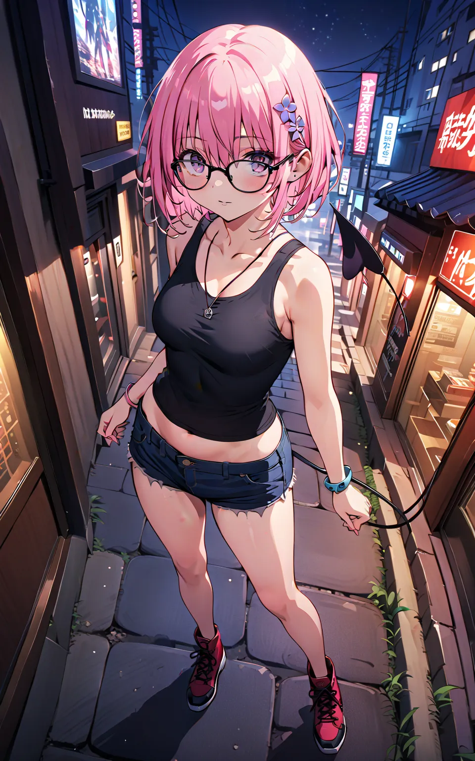 モモデbuildingケ, モモ・デbuildingーク, demon Tail,  Hair Flower, hair ornaments close to the garden, purple eyes, pink hair,  short hair, Medium breast,胸の谷間,Tail,riders jacket,tank top outside of anime,Underbomb,belly button sticking,Bare legs,denim micro shorts,gl...