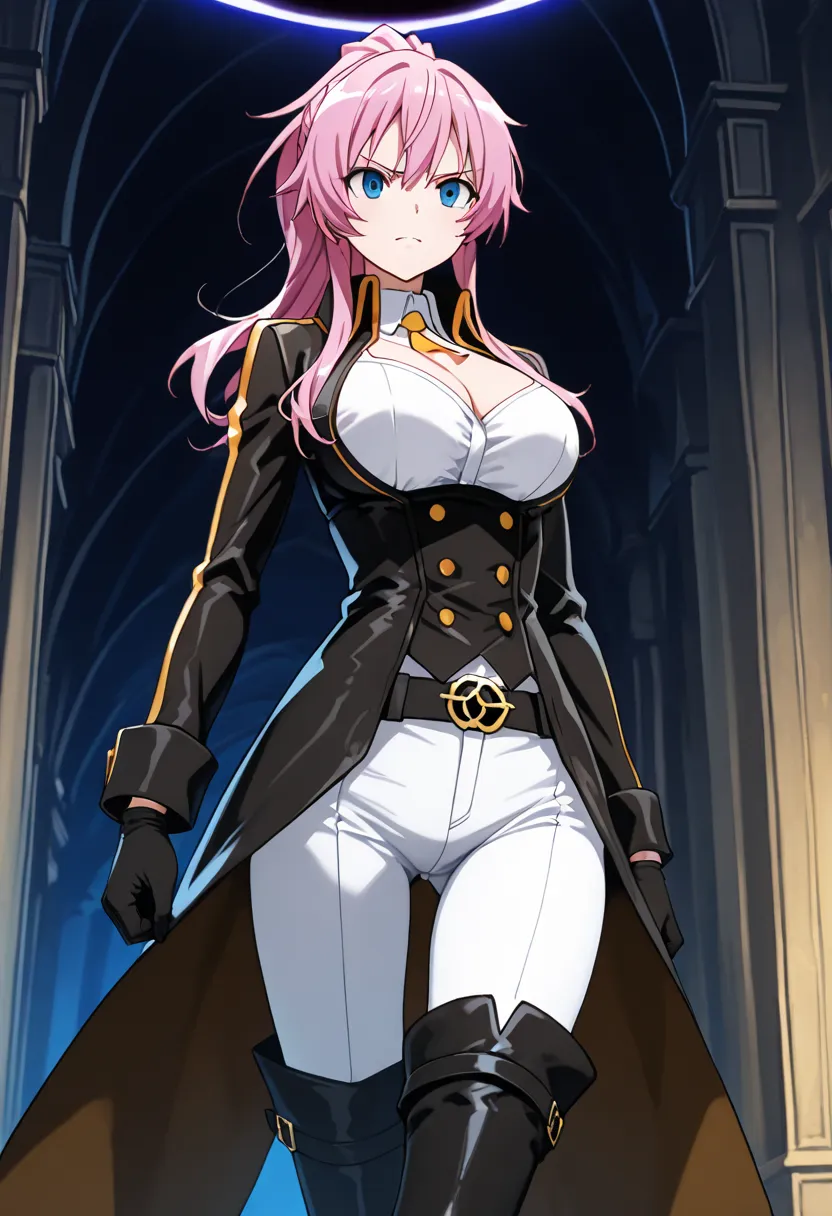 1 person, 1 girl, one person, one girl, eclipse virgo, long hair, ponytail, blue eyes, pink hair, black gloves, cleavage, solo, white pants, tight pants, boots, thigh boots, jacket, black jacket, belt, in a castle, elegant, dominant, confident, underbust w...