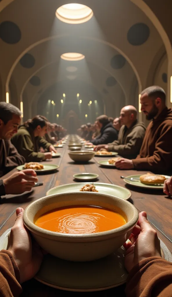 "POV sitting at the table in the Jedi Temple's dining hall, with visible hands holding a bowl of nourishing soup. Other Jedi Padawans and Masters are around, conversing and sharing wisdom. The design of the hall blends minimalism with monastic architecture...