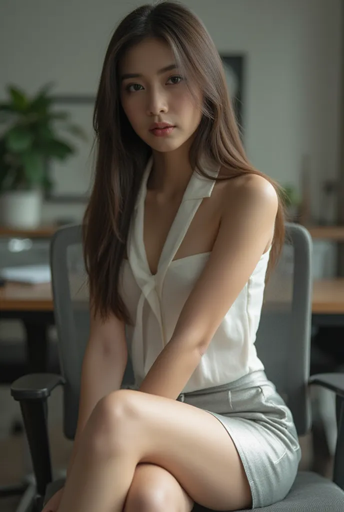 A beautiful Thai office girl with long straight hair, half Nobra makeup, wears a silver pencil skirt and a thin framed white blouse. She sits in a stylish office chair, legs crossed and her gaze intense as she leans slightly forward, giving off a firm aura...