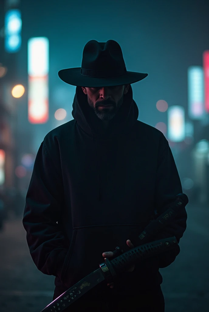 
A man with a mysterious aura stands amid the shadows of the night. His face is partly concealed by the hat he wears, enhancing the sense of secrecy and enigma. He dons a simple yet stylish black hoodie that seems to merge with the darkness. In his right h...