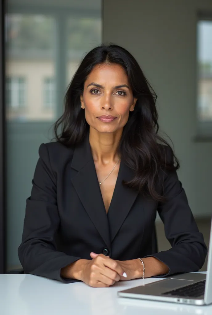 40 year old spokesperson dark skinned Indian woman sitting at a desk looking straight at the camera. She is looking intently at the camera.