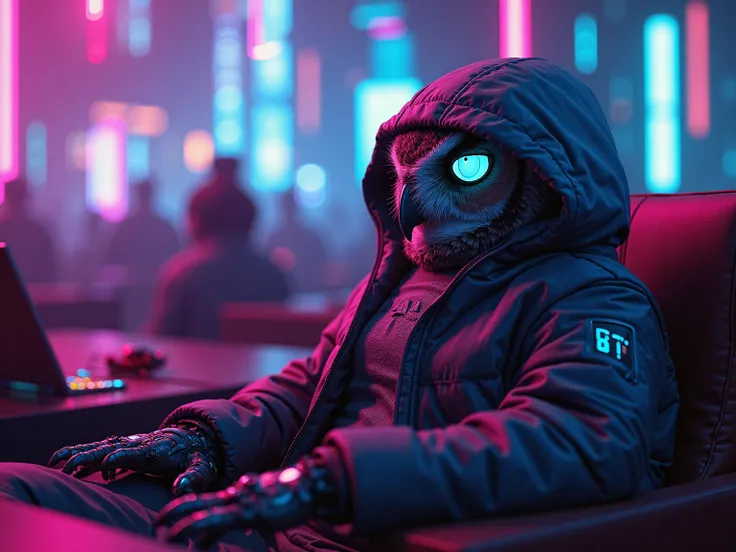 "A futuristic cyberpunk-style owl lounges in a neon-drenched nightclub, its sleek hooded jacket glowing under ultraviolet lights. The club pulses with deep bass, holographic visuals shifting across the walls in mesmerizing patterns. Neon pink and electric ...