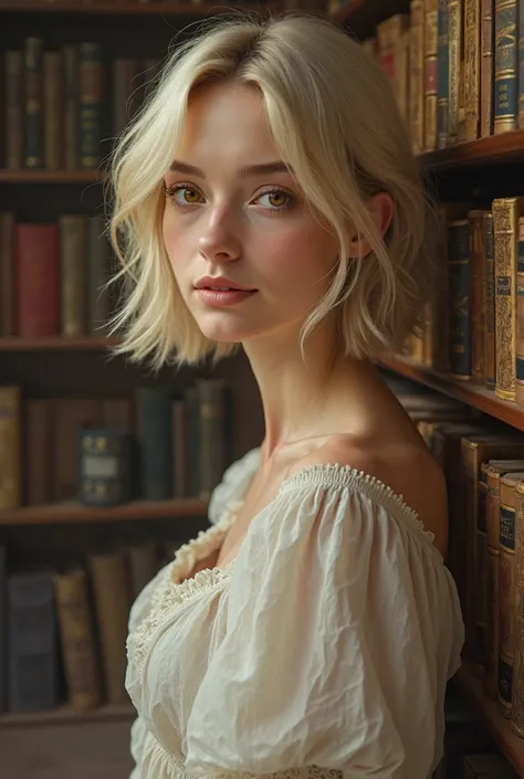 A woman with pale skin , with soft and very beautiful features, shoulder-length blonde hair, light amber eyes, smiling in a library