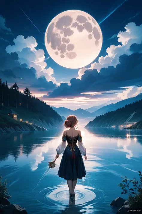  Scenery,  without characters, People far away, Cove, night, A woman watching the full moon, cloudy,