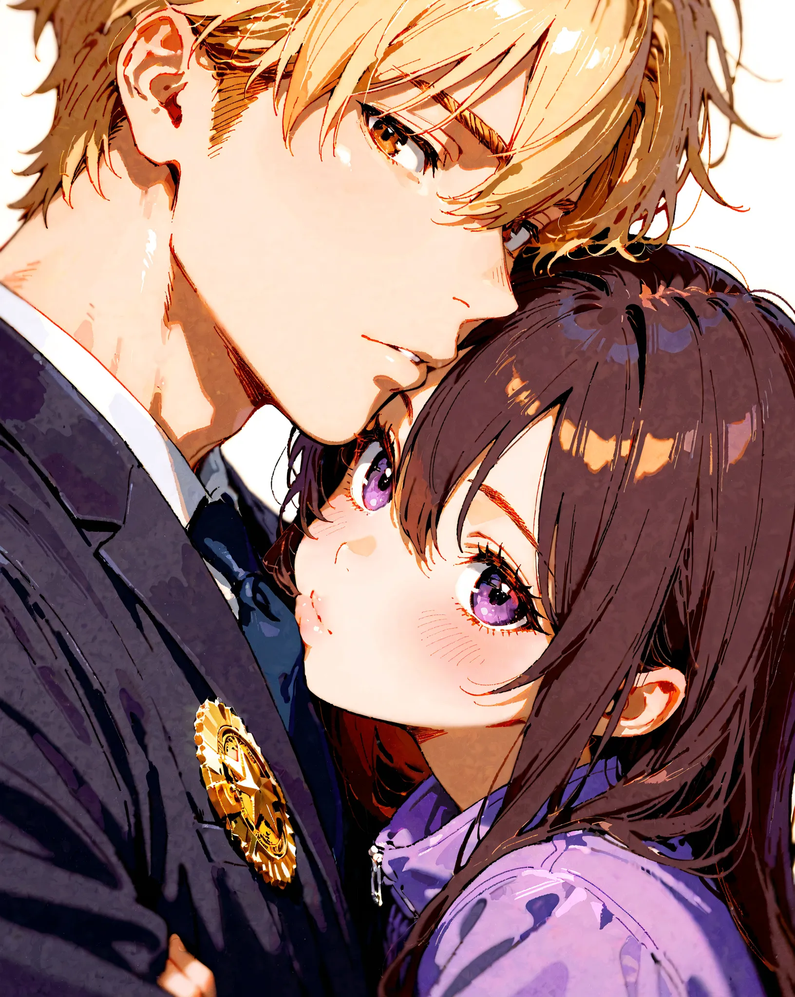 1boy, 1girl, brown hair, long blonde hair, hair inbetween eyes, cute, brown eyes, purple eyes, black shoulderless top with purple jacket, black suit High Resolution, Masterpiece, Accurate, Anatomically Correct, Award Winning, Best Quality, Detail, HD, High...