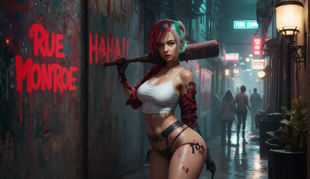 A hyper-realistic wide-format portrait of the Black Female Rue Monroe channeling Harley Quinn’s gritty, anarchic energy from Joker. She stands in a rain-soaked Gotham alleyway, neon-lit by flickering ‘HAHA’ signs and graffiti tags. Her jet-black bob is hal...