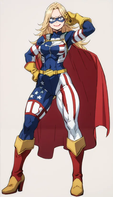 (((Highest Quality))), (Simple background), 1girl, fullbody, standing, athletic body, red lipstick, haughty expression, smug, blue eyes, long hair, domino mask, American flag themed hero suit, navy blue bodysuit, Hero Suit, American Flag Cape, Hero Suit wi...
