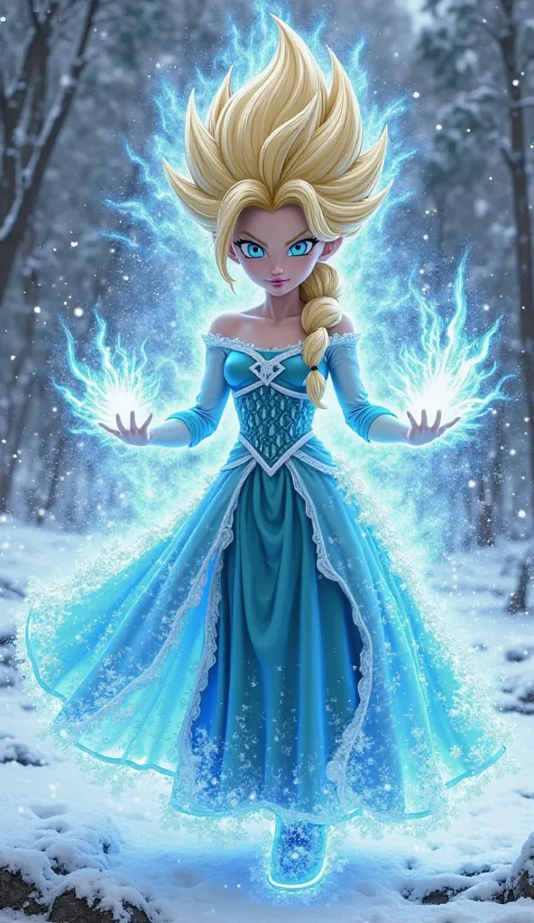 Imagine Elsa from Frozen in a fusion with Dragon Ball, transformed into a Saiyan warrior with ice abilities. Her hair is golden and spiky, like a Super Saiyan, but her clothes are a mix of Arendelle's royal costume and the combat armor of the Saiyans. Her ...