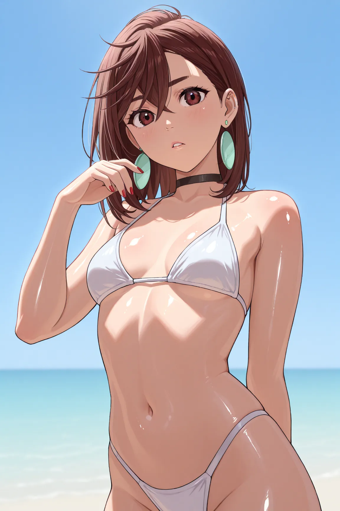 masterpiece, Highest quality,
1 girl, Costume , medium chest, brown hair, brown eyes,   medium hair,   black chokers, earrings,      jewelry,earrings,     jewelry,   black chokers, 
 Nail, red Nails、sea、strand、 sandy beach、 white bikini、(glistening skin:1....