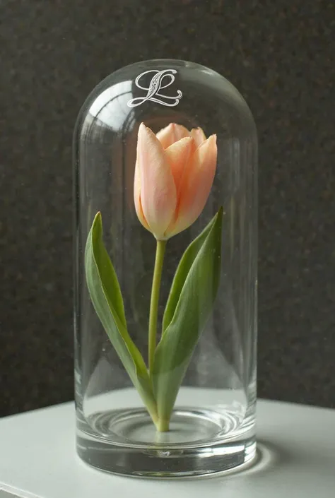 Tulip closed in a glass case engraved on top of the letter L