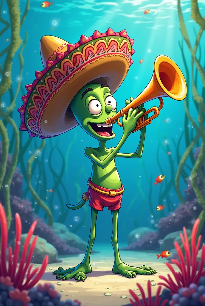 Plankton playing the trumpet with a mariachi hat 