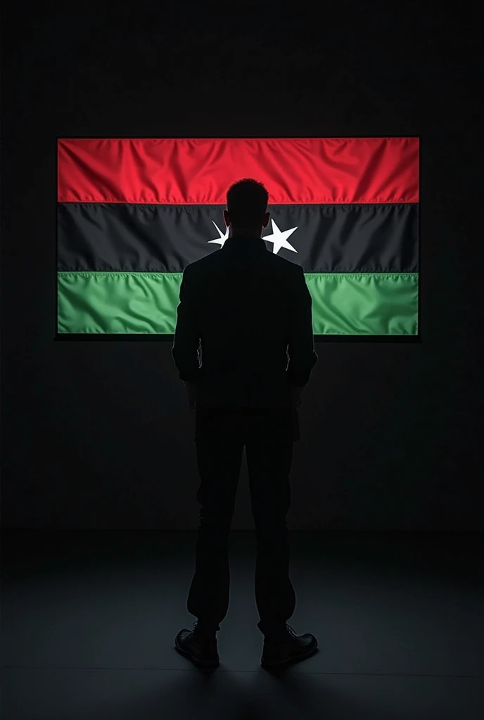 . A picture of a hacker with a display with the flag of Libya, the hacker's face is not clear but his body is clearly visible. The hacker stands strong and firm, wearing elegant black clothes and black shoes, the screen is large and shows the flag of Libya...