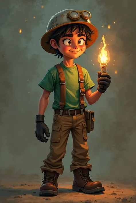 He's a miner monster, wearing a green t-shirt, suspenders, and brown pants,Black socks,Brown boots ,I don't see the shape of my eyes because my eyes shine red because I'm wearing a black parent with dark hair and a candle