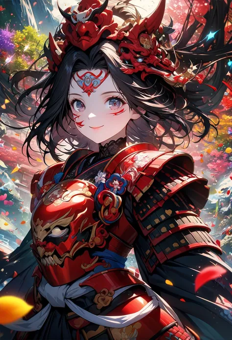 ((Woman, Samurai, Japanese Armor, Red Armor with Black Pattern, Smiling Face))), ((Absurd Dress, High Resolution, Ultra HD, (One Girl:1.3),Mask, Kaleidoscope-like Visuals, Symmetrical Patterns, Vibrant Colors, Geometric Shapes, Mesmerizing Design, Optical ...