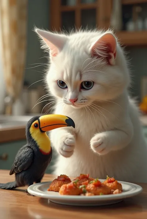 "An ultra-realistic image of an anthropomorphic adult white-furred cat in a kitchen, feeding a baby toucan. The cat is standing on its hind legs and is placing food on the toucan's plate, which is sitting. The cat has a welcoming and kind expression, while...