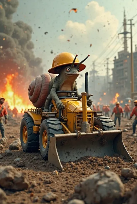 a snail wearing a hardhat, operating a back-hoe, the background is soldiers, explosions and zombies