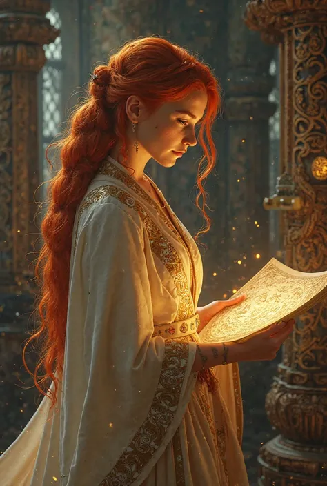 beautiful ginger woman, mage robes, long braids, drawing on glowing magical map, in magical school