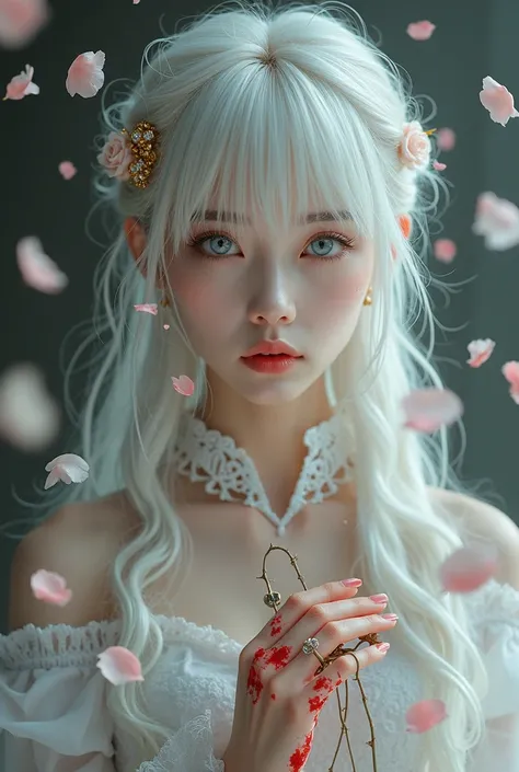 Real Korean girl with all white semi-wavy and very extremely long hair with bangs, blue eyes, dressed in a very luxurious white Victorian dress, and a golden Japanese crystal pin in her hair,She is in a bunch of rose petals ,  slightly dark lighting  ,with...