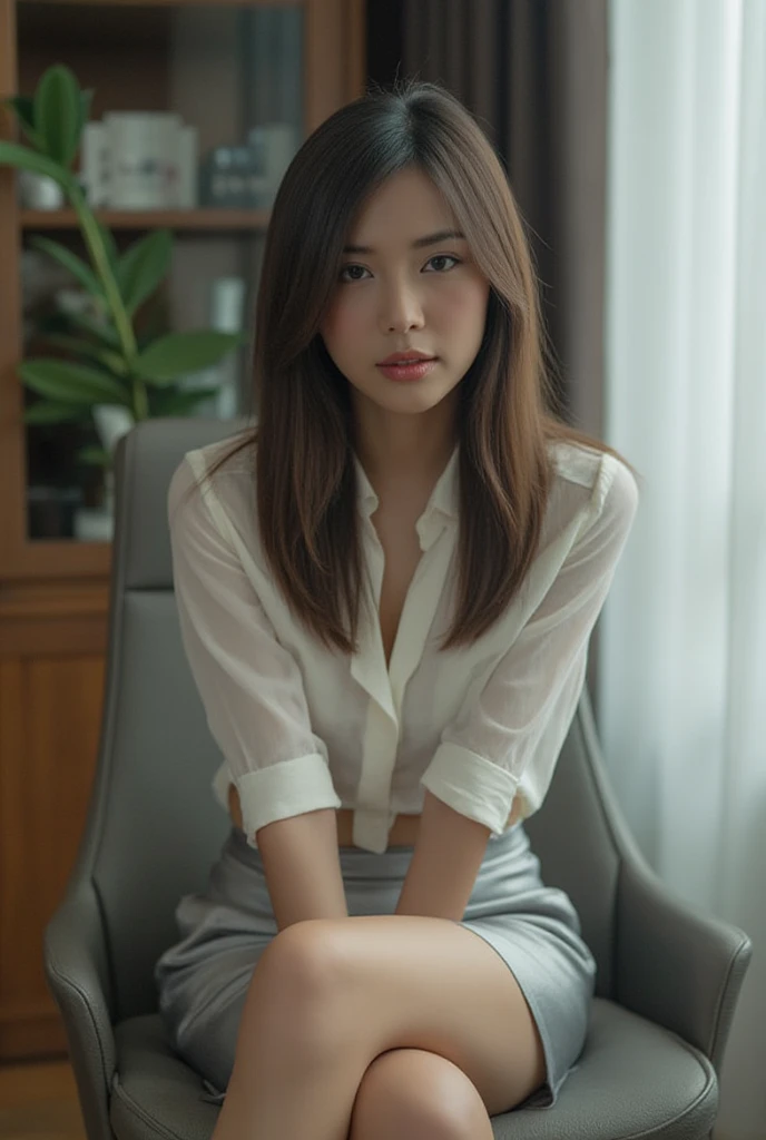 A beautiful Thai office girl with long straight hair, half Nobra makeup, wears a silver pencil skirt and a thin framed white blouse. She sits in a stylish office chair, legs crossed and her gaze intense as she leans slightly forward, giving off a firm aura...