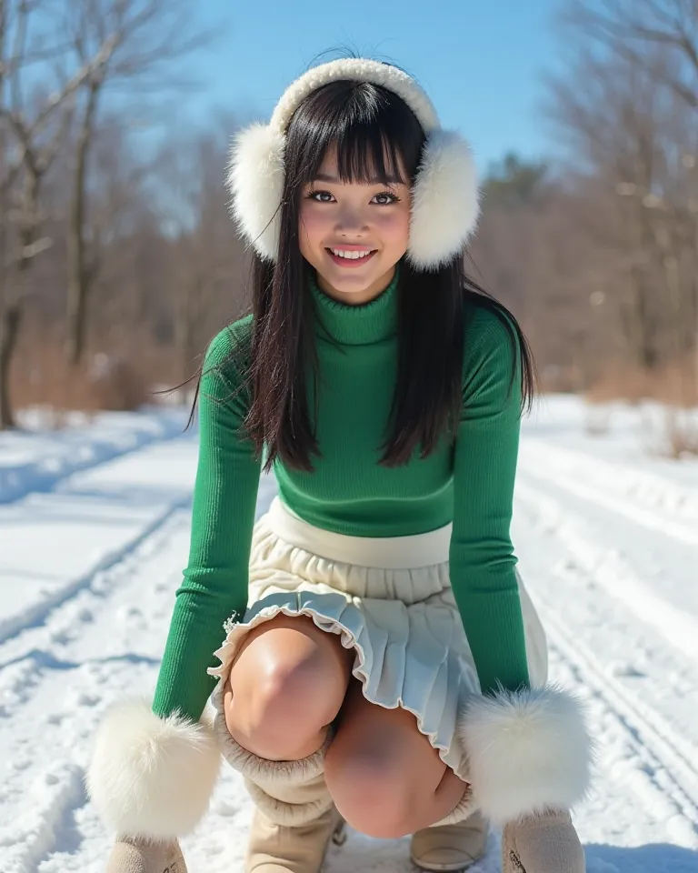 CardiB 30 years old, brown eyes,  straight black hair ,  lips with gloss,  long eyelashes , candy skin in a winter landscape with snow and leafless trees. Wear a short green tight sweater, white pleated skirt and plush ear muffs, wearing furry boots, Pose ...